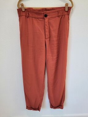Zara Women’s XL Burnt Orange Trousers Straight Leg Elastic Waist Rolled Hem